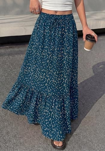 BTFBM Womens Boho Maxi Skirt 2026 Summer Floral High Waisted Flowy Tiered Long Spring Beach Vacation Skirts Pockets(Blue, XX-Large) - Thumbnail 3