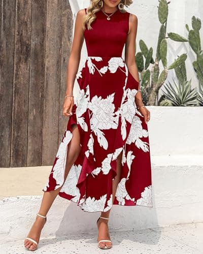 BTFBM Women Casual Sleeveless Summer Dresses 2026 Spring Crewneck Patchwork Boho Floral Ruffle Cocktail Party Midi Dress(Big Floral White Wine Red, Large) - Thumbnail 3