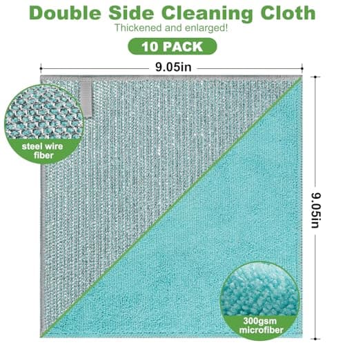 Jeymei 10counts Non Scratch Wire Dishcloth Multipurpose Wire Dishwashing Rag for Washing Dishes,Double Layer Microfiber Cleaning Cloth,Reusable Diamond Weave Steel Wool Scrubber Cloths,Blue - Thumbnail 2