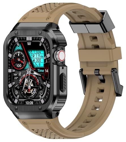 Deczone Band with Stainless Steel Case Compatible with Apple Watch Series 9 8 7 SE 3 2 1/6 5 4 S 3 2 1 41mm 40mm 38mm Band, iwatch Bands Rugged Protective Metal Cover for Men (Tan) - Image 1