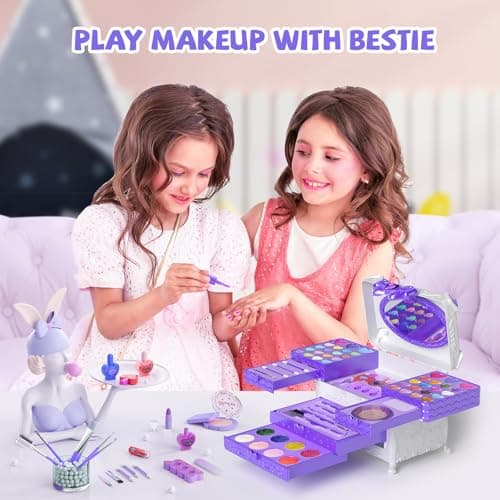 GORISPI Kids Makeup Sets for Girls, 66pcs Real Cosmetic for Kids Toys with Mirror, Princess Washable Girls Makeup Kit, Non-Toxic & Safe Brithday Gifts for 3 4 5 6 7 8 10 - 12 Years Old（Light Purple） - Thumbnail 2