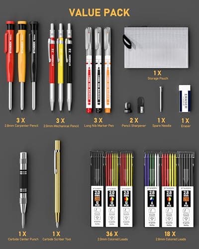 22 Pack Mechanical Carpenter Pencil Set with Sharpener 60 Refills, Automatic Center Punch, Carbide Scribe Tool, Eraser and Deep Hole Marker Pen, Heavy Duty Construction Pencil for Architect-With Pouch - Thumbnail 6