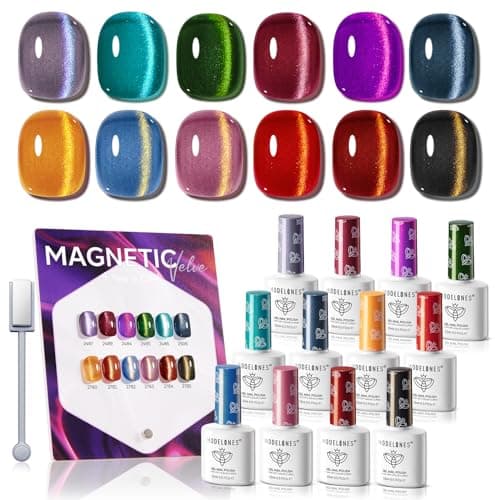 modelones 15ML Cat Eye Gel Nail Polish Set, 12Pcs Glitter Pink Red Green Purple Blue Cateye Gel Polish Set with Magnet Sparkle Series Hema-free Gel Polish Kit Same Color Same Bottle Soak Off Nail Art - Image 1