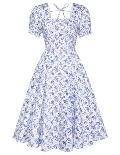 Belle Poque Blue Floral Milkmaid Cocktail Party Wedding Guest Dress 2026 Summer Short Puff Sleeve Midi Sundress M - Image 1