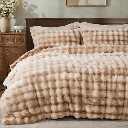 Bedbay Plush Rabbit Faux Fur Comforter Set King Size Tie Dyed Brown Fluffy Comforter Bed Set Luxury 3 Pieces Warm Shaggy Winter Comforter King Size Soft Bubble Bedding Comforter Set for Teen Adults - Image 1