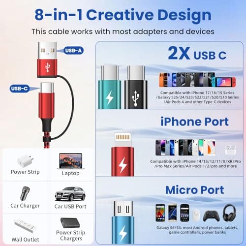 Travel 4 in 2 Multi Charging Cable, USB A/C Charging cords with Dual Type-C/Lightning/Micro USB, Universal iPhone Charger Cord for iPhone Series/Androids/Tablets, Multi Charger Cable (3Pack, 5FT) - Thumbnail 4