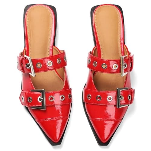Grakihily Buckle Flats for Women Pointy Toe Wide Welt Buckled Mules Low Block Heel Slippers Mary Jane Shoes Comfortable Ballerina Flats - Thumbnail 5