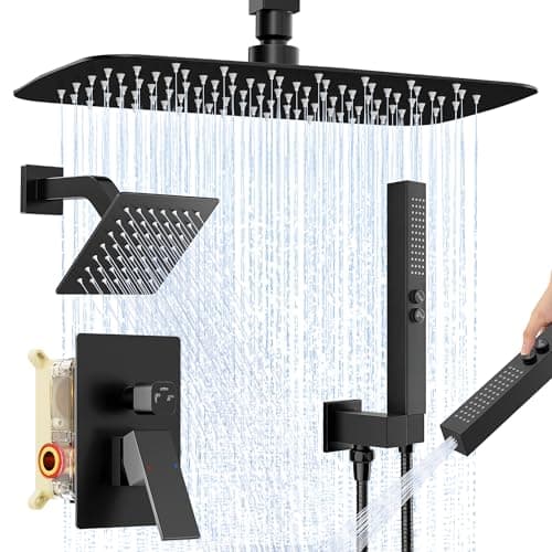 Orovessina Shower Faucet Set, 12" Ceiling Mount Rainfall Shower System with 2 Rain Shower Heads, 2-in-1 Handheld, Solid Brass Pressure Balancing Shower Valve and Trim Kit, Matte Black - Image 1