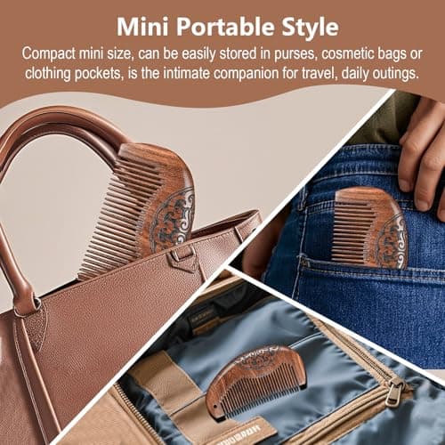 YAKUNCL Natural Sandalwood Fine Tooth Comb - Anti Static Wooden Comb for Women, Smooth Detangling Hair Comb, Portable Travel Mini Wood Combs for Curly & Straight Hair - Thumbnail 5