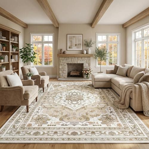 Cnythlis Washable Area Rug, Non-Slip Vintage Medallion Decorative Rug for Living Room Bedroom Dining Room, Soft, Foldable & Water-Resistant, Beige & Ivory, 8’x 10’ - Image 1