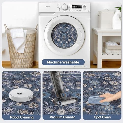 Tangsoo Small Rug 2x3 Throw Rugs for Entryway Washable Entry Rug Non Slip, Vintage Blue Floral Indoor Rugs Distressed Small Carpet Soft Low Pile Boho Door Mat for Entrance Bedroom Kitchen Foyer Decor - Thumbnail 6