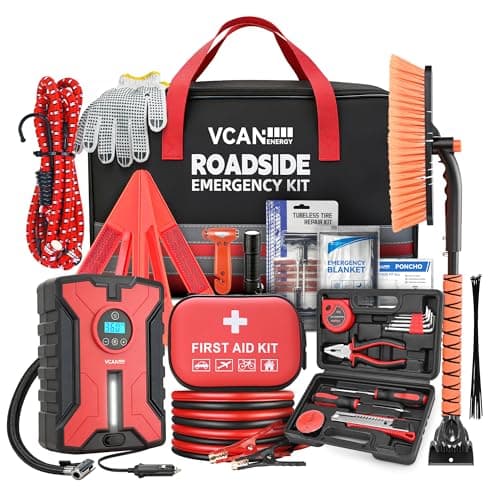 Car Emergency Safety Kit Bag with Portable Air Compressor, Jumper Cables,First Aid Kit, Winter Vehicle Roadside Emergency Kit with Snow Brush and Ice Scraper, for Women, Men, Teen - Image 1
