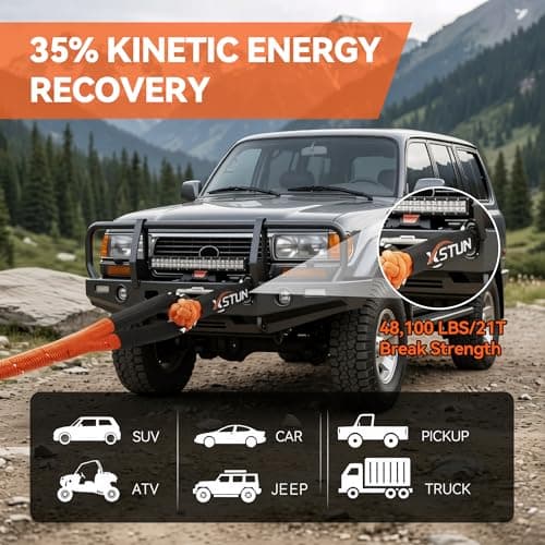 XSTUN 1" x30ft Kinetic Recovery Rope, 35% Stretch - 48K lbs Snatch Rope for Offroad & Snow Rescue, Includes Level 5 Cut-Resistant Gloves, Compatible with Jeep, Truck & ATV (Orange) - Thumbnail 4