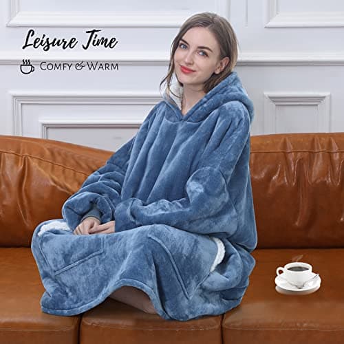 Kipswiza Oversized Wearable Blanket Hoodie, Cozy Sherpa Hooded Blankets Sweatshirt for Women Men Mom Daughter with Big Pockets as Gifts - Denim Blue - Thumbnail 4