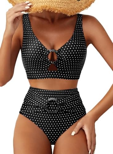 Herseas Womens 2 Piece Bestselling Bikini Cutout High Waisted Tummy Control Swimsuit Full Coverage V-Wire Bathing Suit Modest Push Up Swim Suit Black X-Small - Image 1