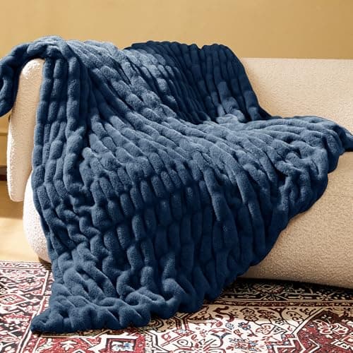blunique Faux Rabbit Fur Throw Blanket, Soft Plush Cozy Blanket for Couch Bed, Thick Fluffy Ruched Decorative Blanket,Giftable,60"x80",Blue