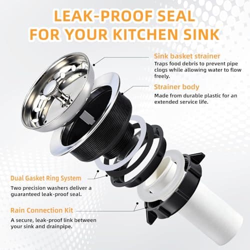 Kitchen Sink Drain Assembly, Stainless Steel Basket Strainer with Knob, 3-1/2 Inch Sink Drain Stopper Plug, Threaded Plastic Sink Strainer Tailpiece 1-1/2 in - Thumbnail 4