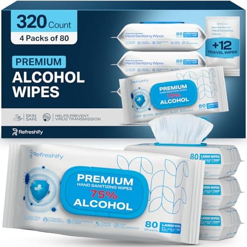 Large Alcohol Wipes 75% Unscented Hand Sanitizing Wipes (320 count +12 travel wipes) Alcohol Wipes for Travel Home and Classroom - Resealable Pack - Image 1