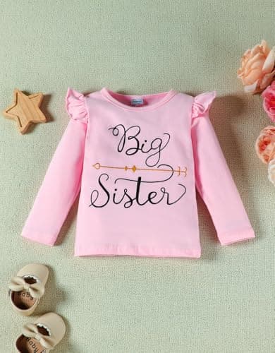 FAMIHAO Big Sister Little Sister Matching Outfits Ruffle Long Sleeve Shirt Floral Pants Headband Toddler Girl Clothes 3Pcs,2-3T Pink&Black - Thumbnail 5