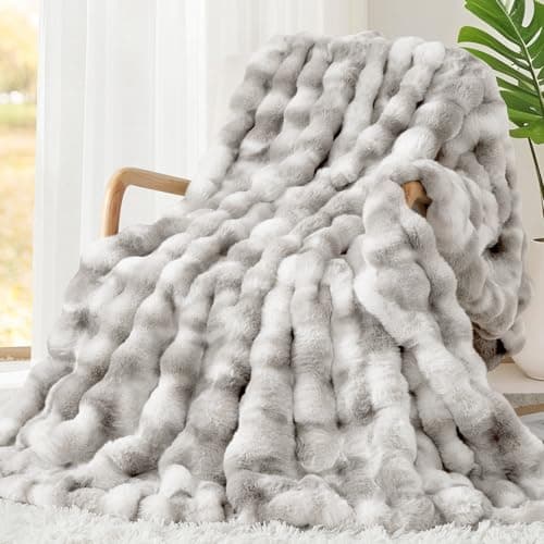 Touchat Luxury 1000GSM Faux Rabbit Fur Throw Blanket, Super Heavy Warm Cozy Grey Blankets for Couch Bed Sofa, Ruched Plush Fuzzy Elegant Soft Reversible Mink Blanket for Living Room Bedroom - Image 1