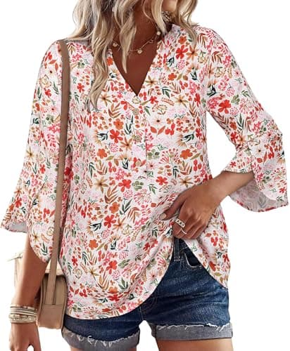 LOOKBOHO Womens 3/4 Sleeve Tops Dressy Casual Floral Boho Blouses Ruffle Sleeve Button V-Neck Trendy Shirts White&Red L - Image 1