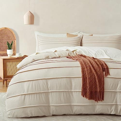 Oli Anderson Light Khaki Duvet Cover Queen Size - Pleated Queen Duvet Cover, 3PCS Soft and Breathable Textured Bedding Set with Zipper Closure(Light Khaki,90"x90") - Image 1