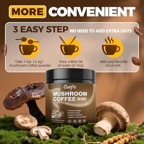 Mushroom Coffee,10 Adaptogenic Mushrooms With Oatmeal Powder MCT Oil, Hydrolyzed Collagen, Instant Coffee with Lion's Mane, Chaga, Cordyceps, L-Theanine for Energy, Focus, Digestion and Immunity, 160G - Thumbnail 6