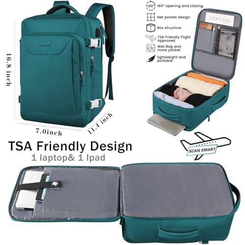 Carry on Backpack, Flight Approved Extra Large Travel Backpack with USB Charge Port, TSA 15.6 Inch Anti-Theft Laptop Backpack Lightweight Daypack Business College Weekender Overnight Bag, dark green - Thumbnail 2
