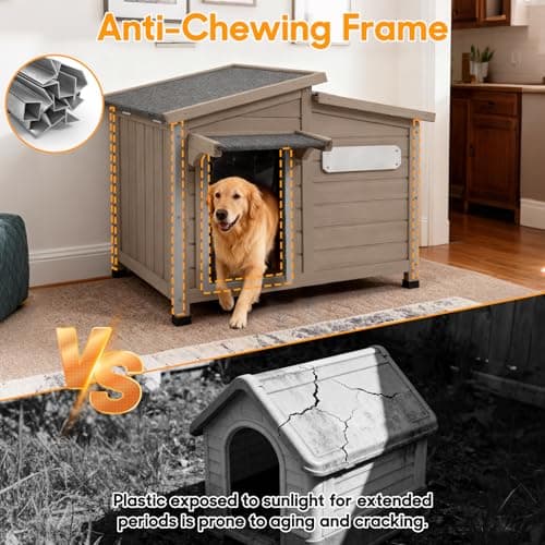 Outdoor Dog House Waterproof for Small to Medium Dogs Breeds with Openable Asphalt Roof, Anti-Chewing Iron Frame, Window, Weatherproof Indoor Outside (43.5" LX 29.5" WX 33.5" H) - Thumbnail 3