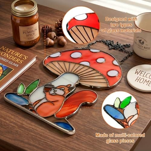 Squirrel Mushroom Stained Glass Suncatcher for Window Hanging Ornaments Animals Theme Glass Art Sun Catcher Home Decor Handmade Funny Mushroom Squirrel Gifts for Squirrel Lovers - Thumbnail 4
