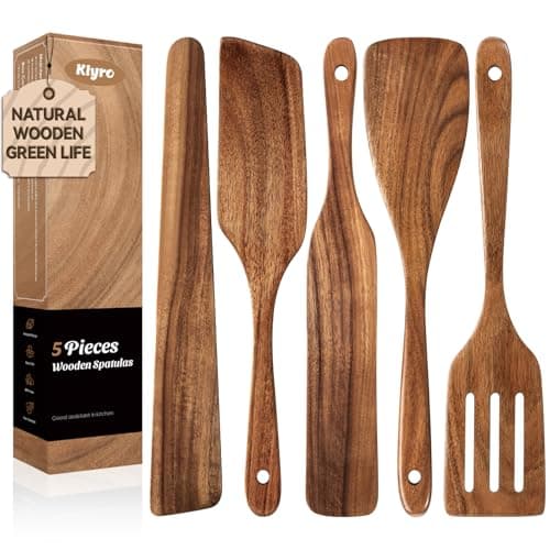 KLYRO 5 PCS Wooden Spatula Set, Natural Teak Wooden Spoons for Cooking, Nonstick Cookware Safe Kitchen Utensils Set, Durable & Elegant Cooking Utensils Gift Set