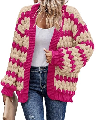 KIRUNDO Womens Cardigans Cute Color Block Stripe Long Sleeve Cardigan Sweaters Crochet Chunky Knit Sweater Outwear Trending Clothes for Women 2026 Hot Pink Outfits(Rose Red, Medium) - Image 1
