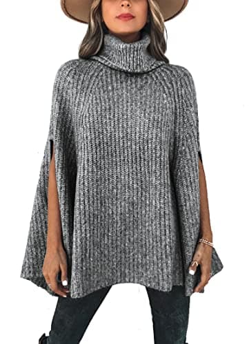 KIRUNDO Women's 2026 Fall Winter Turtleneck Poncho Sweater Fashion Chunky Knit Cape Wrap Sweaters Pullover Jumper Tops(Grey, X-Large) - Image 1