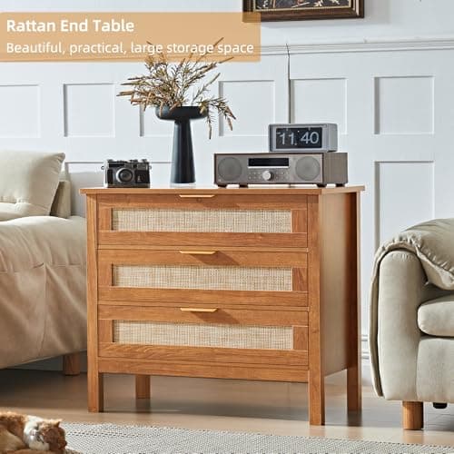 LEYAOYAO 31.5" Wide Rattan Nightstand, Large Boho 3 Drawer Night Stand, Tea Brown Bedside Table with Storage, Tall Bed Side End Tables, Chest of Drawers Dressers for Bedroom, Living Room, Hallway - Thumbnail 4