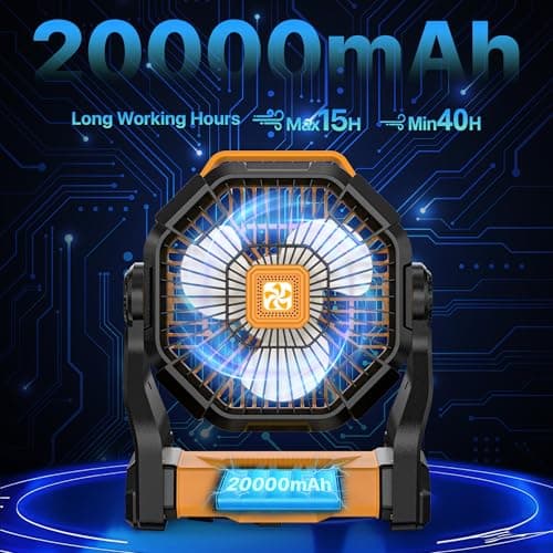 Doviluxe Camping Fan Battery Powered -20000mAh Portable Rechargeable Fans Light, Battery Operated Fan for Camping Hook 4 Speed Quiet Cordless USB Personal Cooling for Desk Home Beach Tent BBQ - Thumbnail 3
