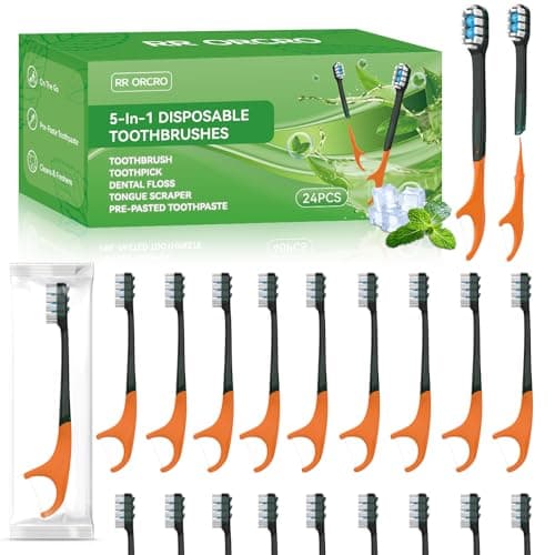 24Pack Disposable Toothbrushes with Toothpaste + Pick + Floss + Tongue Scraper 5-in-1 Mini Prepasted Travel Toothbrush for Hotel Camping Flight Car Single Use Portable Individually Wrapped | Mint - Image 1