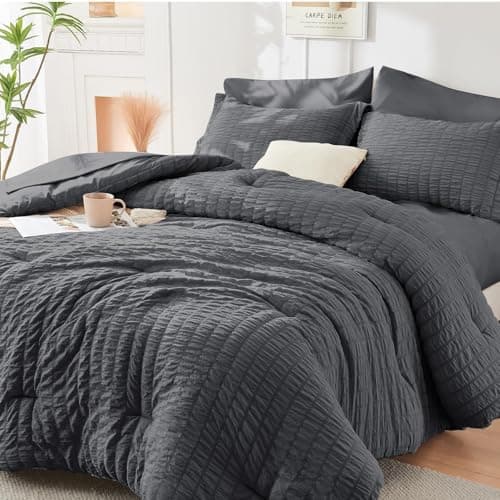 HYMOKEGE Queen Comforter Set Seersucker 7 Pieces, All Season Luxury Bed in a Bag for Bedroom, Bedding Set with Comforters, Sheets, Pillowcases & Shams, Dark Grey - Image 1