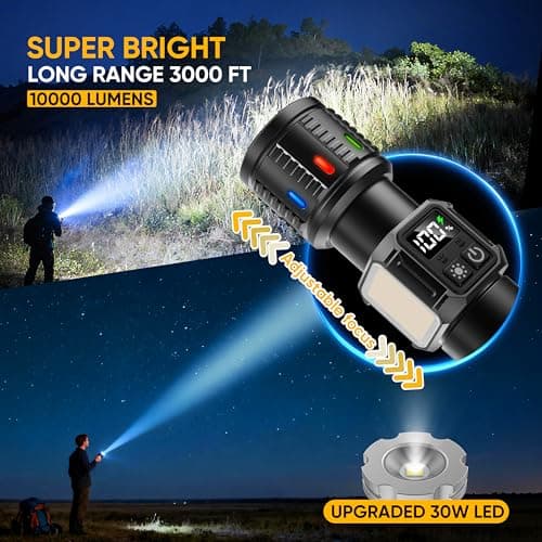lesusnicy Rechargeable Flashlights High Lumens 10000, Super Bright LED Flash Light Long Lasting USB C LCD Display, Dual Light Source & Buttons with Red Light, for Camping Hiking Emergency Home Gift - Thumbnail 2