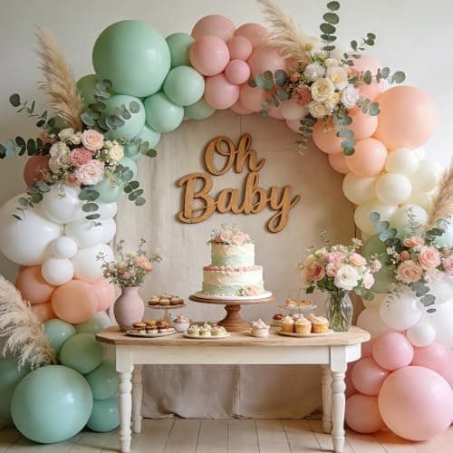 Dusty Green Pink White Balloon Arch Kit - 144 PCs Dusty Green Blush Pink & Beige Balloons for Boho Bridal Shower Birthday Tea Party Spring Decorations - Image 1