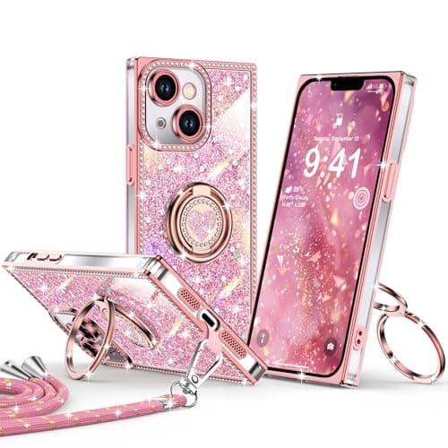 XYZ for iPhone 14 Case, Glitter Bling Phone Cover with 2-Ring Heart Stand & Lanyard, Women Girls Luxury Rhinestone Shockproof Protective Case for iPhone 14, Pink - Image 1