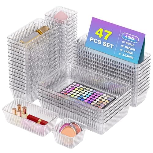 Okylvve 47 PCS Clear Plastic Drawer Organizer Set - 4 Sizes Makeup Organizer Desk Drawer Divider Bathroom Organizers and Storage Bins for Makeup, Jewelry, Gadgets, Office, Kitchen, Bedroom, Bathroom - Image 1