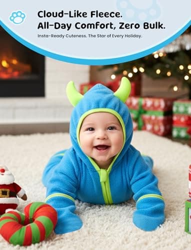 PATPAT Fleece Baby Hooded Footed Romper Clothes, Cozy Soft Warm Footie Covers Mittens, Car Seat Friendly, Easy Zip, Cute Boy Girl, Newborn Infant Bodysuit Bunting Blue Monster 12-18 Months - Thumbnail 2
