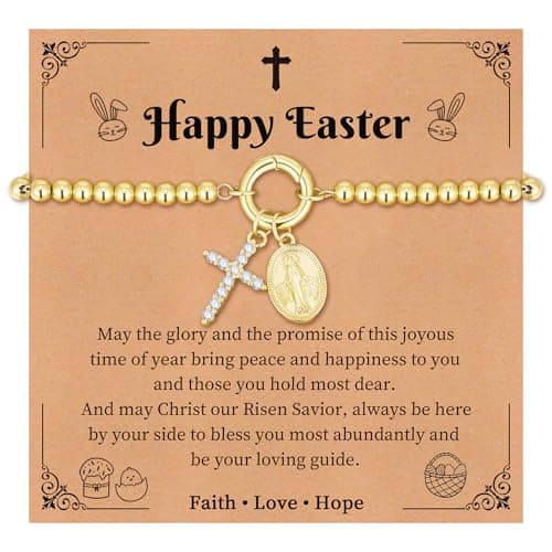 Womens Gold Beaded Cross Bracelet - 14k Gold Plated Virgin Mary Bracelets,Non Tarnish Religious Rosarios Catolicos Virgen de Guadalupe Jewelry,Catholic Confirmation Baptism Easter Gifts for Woman - Image 1