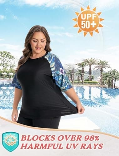 Women's Plus Size Rash Guard Swim Shirt UPF50+ Short Sleeve Sun Protection with Pockets | Tagless, Tummy Control & Mesh Vents (US, Alpha, 4X-Large, Dark Print) - Thumbnail 4