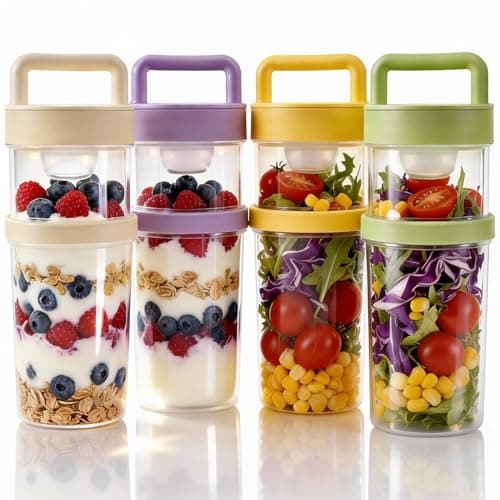 4 Pack Salad Cup with Dressing Container and Spoons - Portable Plastic Salad Prep Containers to Go - Leak-Proof Yogurt Parfait Cups - 2-Tier Meal Prep Containers for Breakfast & Lunch, Office, School - Image 1
