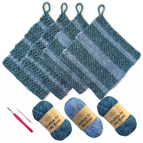 KnitPal Everyday Joy Crochet Kit for Confident Beginners – Make 4 Reusable 7.5 x 7.5 in Dishcloths – with Cotton to The Core Yarn (#3 DK), Hook, Patterns & Video Tutorials (Jean Blue + Sky Blue)