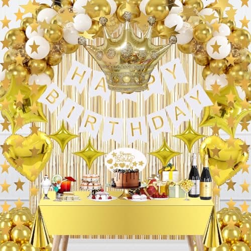 Golden Birthday Decorations Set - Gold Party Decorations with Banner, Star Garland, Crown Balloon，Balloon Arch, Curtains Background, Tablecloth, Cake Topper, Confetti Balloons for Girls Men Women - Image 1