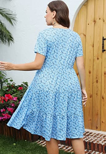 Younrui Plus Size Midi Summer Casual Dress for Women Short Sleeve Scoop Neck Ruffle Babydoll Swing Dress (2XL-1001-Blue Daisy) - Thumbnail 2