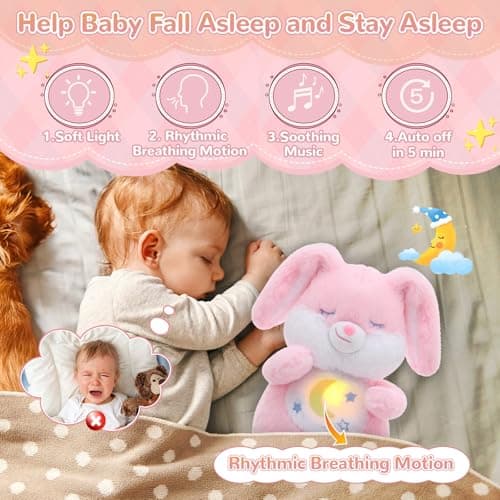 MILEGI Breathing Stuffed Animal, Soothe Snuggle Pink Easter Bunny Stuffed Animal for Anxiety Adults and Kids, Sleeping Soothing Bunny Plush with Realistic Breathing and Lights, Easter Basket Stuffers - Thumbnail 3