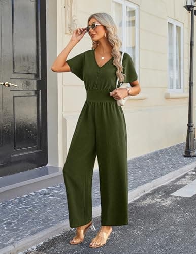 LOOKBOHO Dressy Jumpsuits for Women 2026 Summer Ruffle Short Sleeve Button V Neck Wide Leg Romper One Piece Outfits - Thumbnail 6